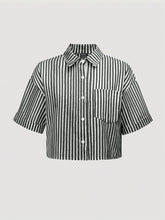Striped Cropped Women Loose Casual Turnover Cuff Short Sleeve Drop Shoulder Shirt